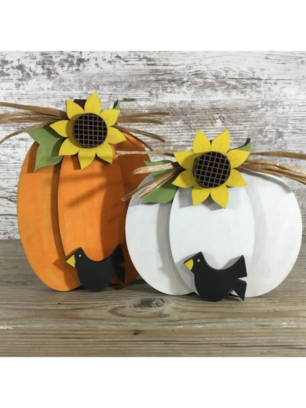 Hand-Painted Wood Pumpkin Set of 2 – Sunflowers, Black Bird, Fall Decor